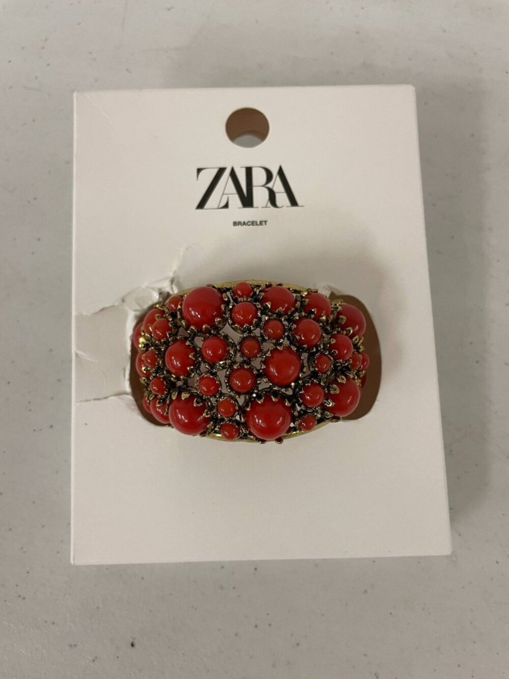 ZARA Red Beaded Cuff Bracelet Red Gold Tone Floral Detail Statement NWT